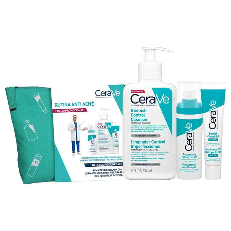 Imagen de Pack CeraVe Piel Grasa Facial Gel Limpiador 236ml + Sérum Retinol 30ml + Gel Tratamiento 40ml + Neceser DE REGALO
